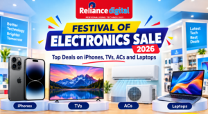 Reliance digital website featuring smartphones, televisions, laptops, air conditioners and home appliances.