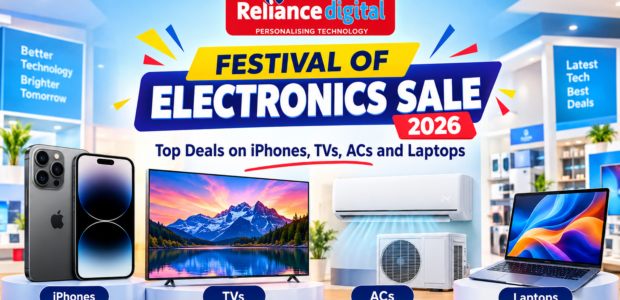 Reliance digital website featuring smartphones, televisions, laptops, air conditioners and home appliances.